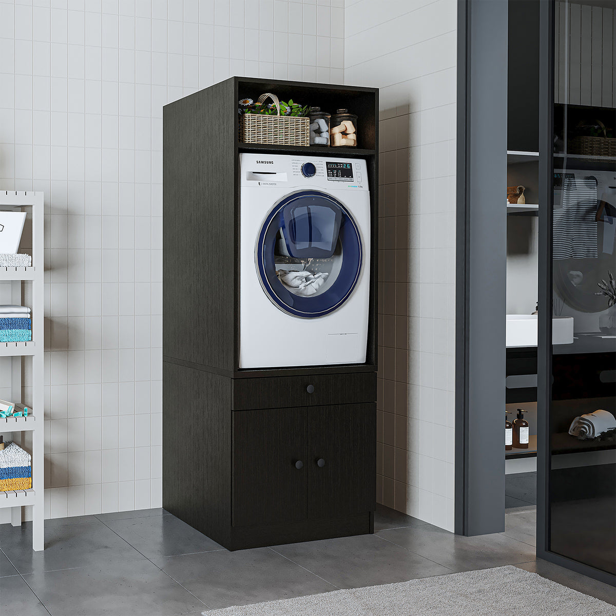 Roomart Waschmaschinenschrank mit Ausziehbrett • Weiß • Eiche • Schwarz eiche - waschmaschinenschrank, waschmaschinenregal, waschturm, schrank, weiß, waschmaschinen, unterschrank, waschmaschine, trockner, haushaltsschrank, schränke, badschrank, hochschran