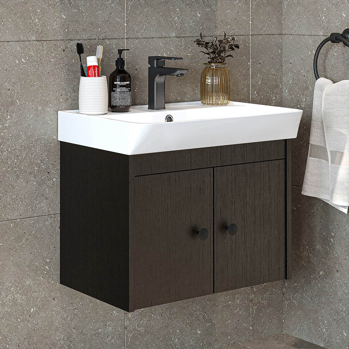 Badmöbel-Set ADA in Schwarz Eiche mit Waschbecken und zwei Türen