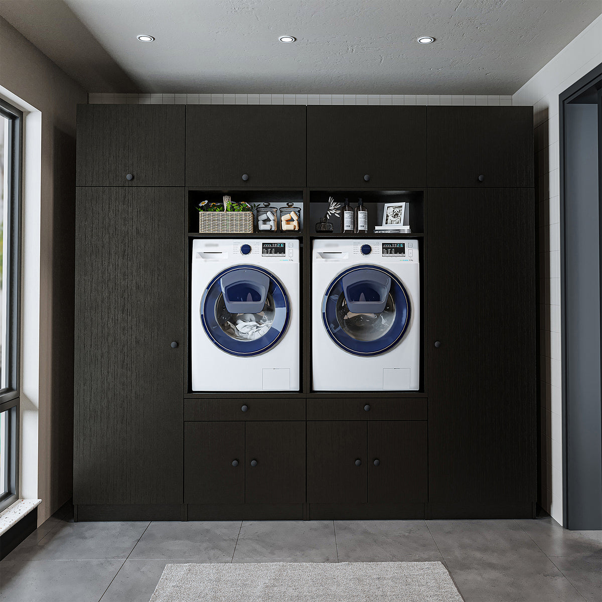 Roomart Schrankwand für Waschküche & Hauswirtschaftsraum – 254 cm breit – mit Ausziehbrett – in • Weiß •Eiche •Schwarz-Eiche - badezimmerschrank, waschbecken, badezimmermöbel, badschrank, badezimmer, mit, unterschrank, badmöbel, set, waschtisch, möbel, ba