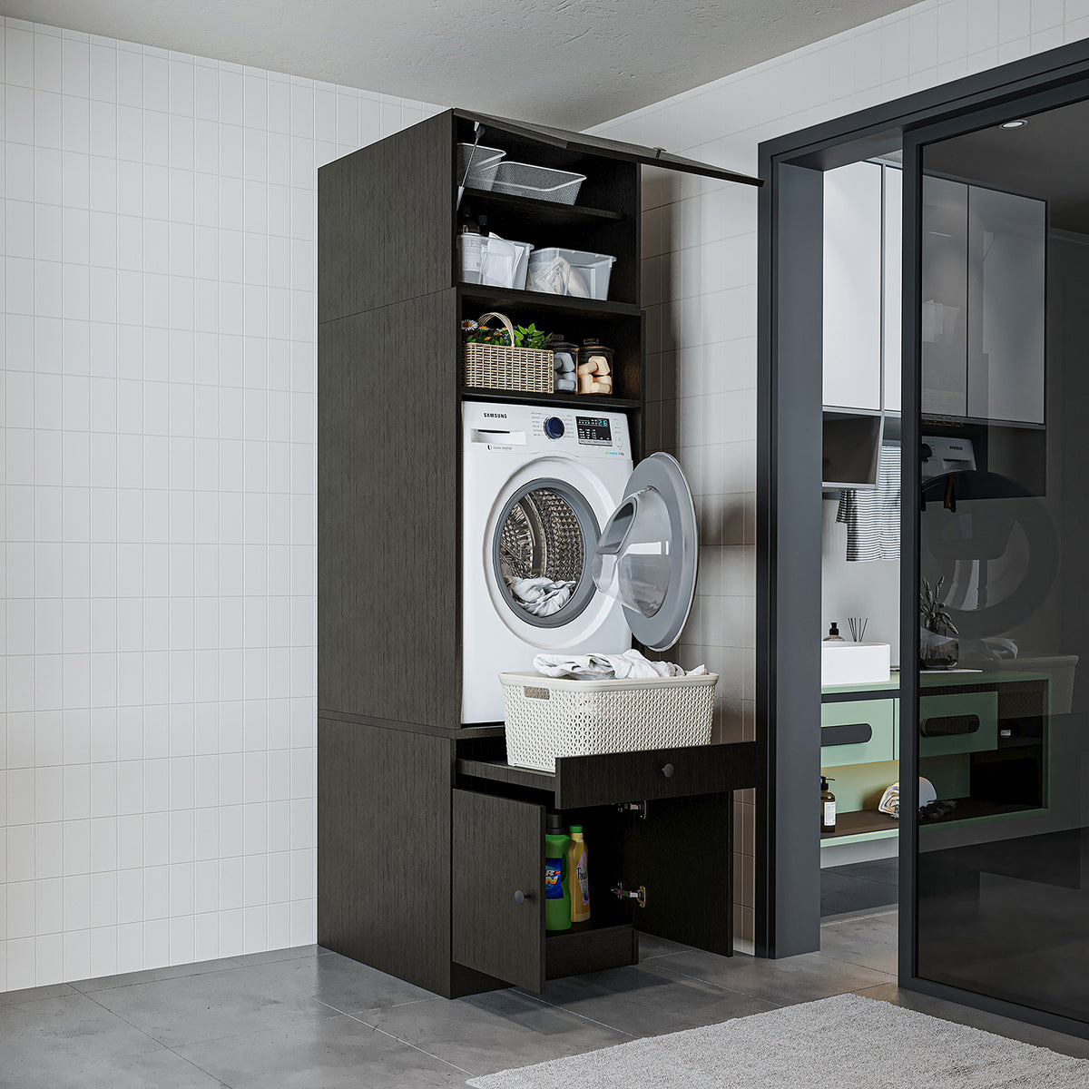 Roomart Waschmaschinenschrank mit Ausziehbrett • Weiß • Eiche • Schwarz eiche - waschmaschinenschrank, waschmaschinenregal, waschturm, schrank, weiß, waschmaschinen, unterschrank, waschmaschine, trockner, haushaltsschrank, schränke, badschrank, hochschran