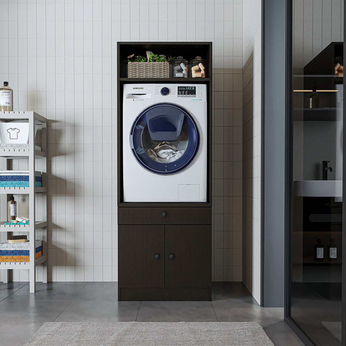 Roomart Waschmaschinenschrank mit Ausziehbrett • Weiß • Eiche • Schwarz eiche - waschmaschinenschrank, waschmaschinenregal, waschturm, schrank, weiß, waschmaschinen, unterschrank, waschmaschine, trockner, haushaltsschrank, schränke, badschrank, hochschran
