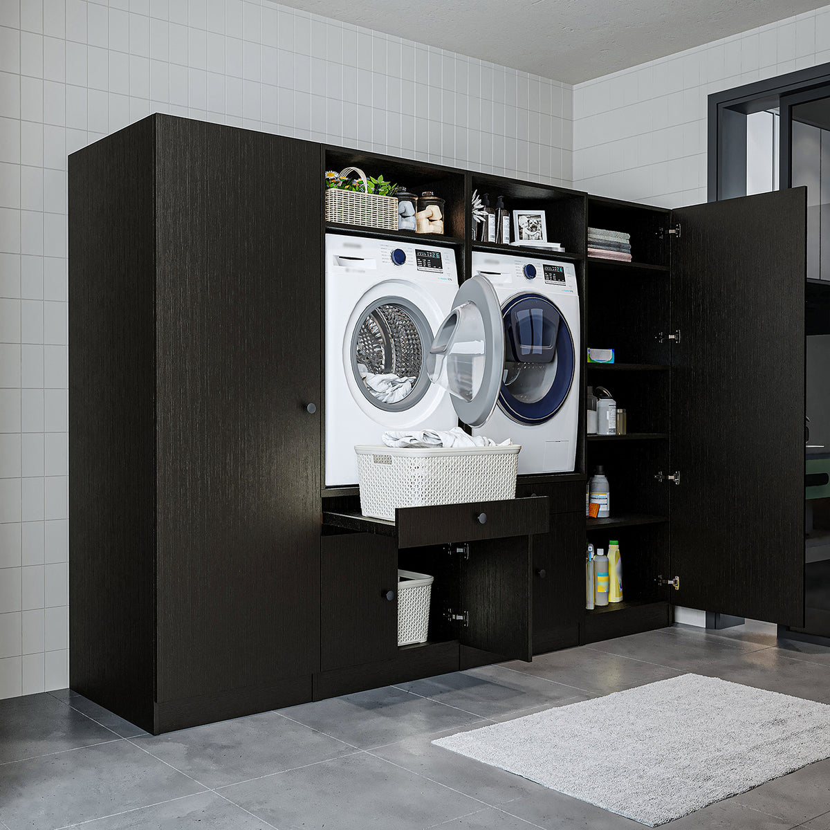 Roomart Schrankwand für Waschküche & Hauswirtschaftsraum – 254 cm breit – mit Ausziehbrett – in • Weiß •Eiche •Schwarz-Eiche - badezimmerschrank, waschbecken, badezimmermöbel, badschrank, badezimmer, mit, unterschrank, badmöbel, set, waschtisch, möbel, ba