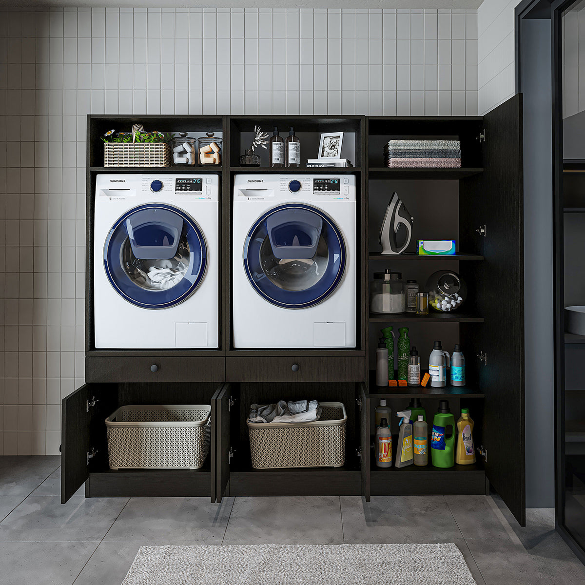 Roomart Schrankwand für Waschküche & Hauswirtschaftsraum, in 3 Farben, Mit Ausziehbrett • Weiß • Schwarz eiche - waschmaschinenschrank, waschmaschinenregal, waschturm, schrank, weiß, waschmaschinen, unterschrank, waschmaschine, trockner, haushaltsschrank,
