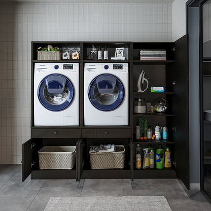 Roomart Schrankwand für Waschküche & Hauswirtschaftsraum, in 3 Farben, Mit Ausziehbrett • Weiß • Schwarz eiche - waschmaschinenschrank, waschmaschinenregal, waschturm, schrank, weiß, waschmaschinen, unterschrank, waschmaschine, trockner, haushaltsschrank,