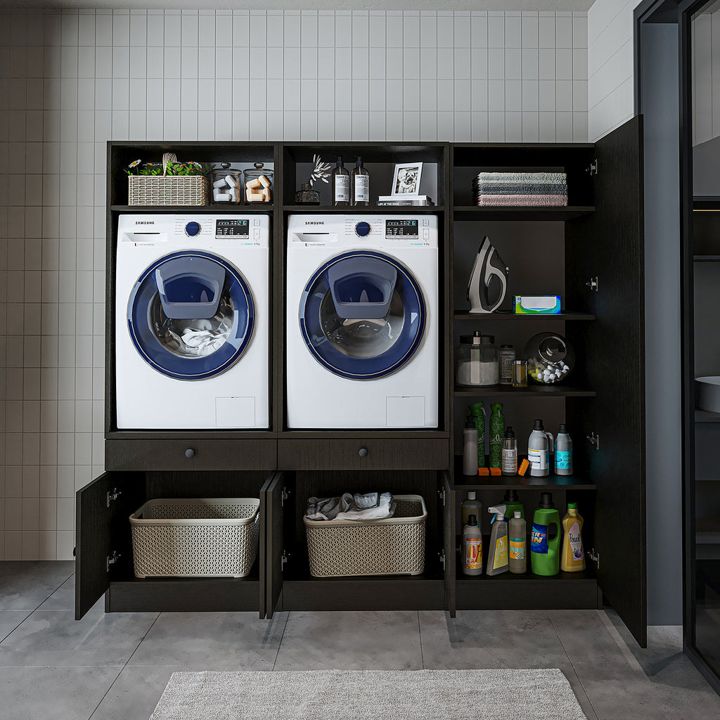 Roomart Schrankwand für Waschküche & Hauswirtschaftsraum, in 3 Farben, Mit Ausziehbrett • Weiß • Schwarz eiche - waschmaschinenschrank, waschmaschinenregal, waschturm, schrank, weiß, waschmaschinen, unterschrank, waschmaschine, trockner, haushaltsschrank,
