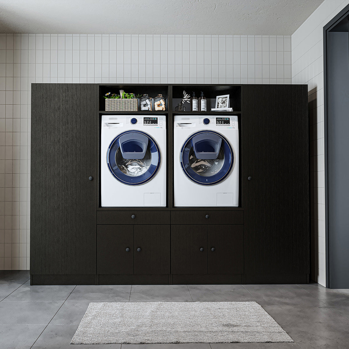Roomart Schrankwand für Waschküche & Hauswirtschaftsraum – 254 cm breit – mit Ausziehbrett – in • Weiß •Eiche •Schwarz-Eiche - badezimmerschrank, waschbecken, badezimmermöbel, badschrank, badezimmer, mit, unterschrank, badmöbel, set, waschtisch, möbel, ba
