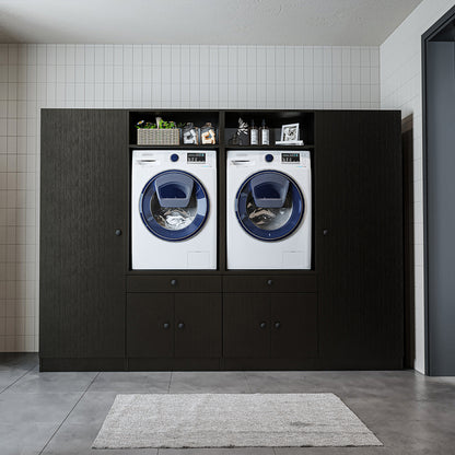Roomart Schrankwand für Waschküche & Hauswirtschaftsraum – 254 cm breit – mit Ausziehbrett – in • Weiß •Eiche •Schwarz-Eiche - badezimmerschrank, waschbecken, badezimmermöbel, badschrank, badezimmer, mit, unterschrank, badmöbel, set, waschtisch, möbel, ba