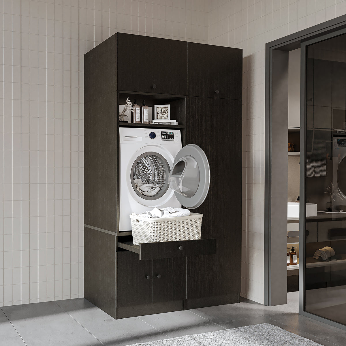 Waschmaschinenschrank SERIE 1 in Schwarz Eiche mit Hochschrank