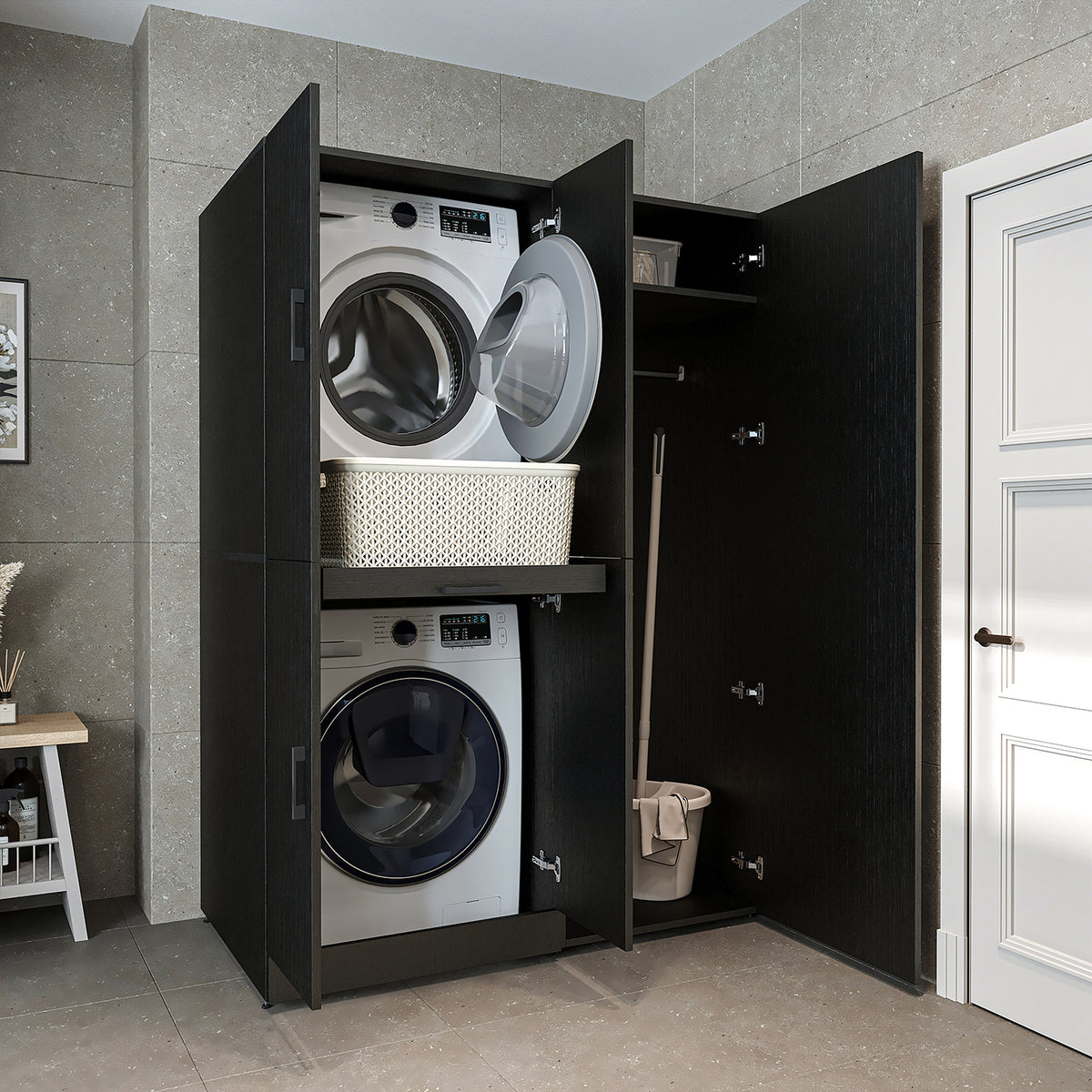 Roomart wasmachinekast DORA-I, 130 cm, met uittrekplank en hoge kast, 5 kleuren
