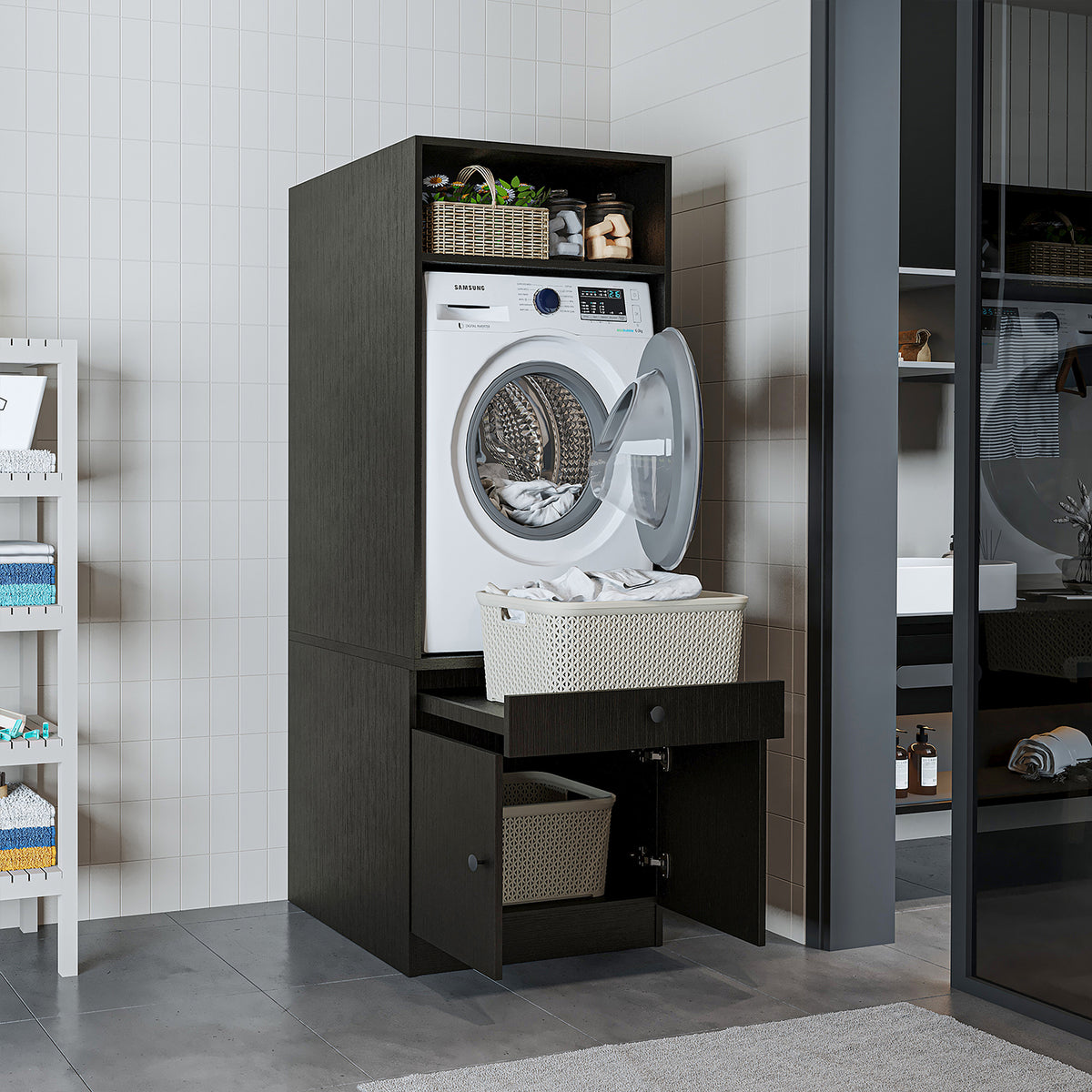 Roomart Waschmaschinenschrank mit Ausziehbrett • Weiß • Eiche • Schwarz eiche - waschmaschinenschrank, waschmaschinenregal, waschturm, schrank, weiß, waschmaschinen, unterschrank, waschmaschine, trockner, haushaltsschrank, schränke, badschrank, hochschran