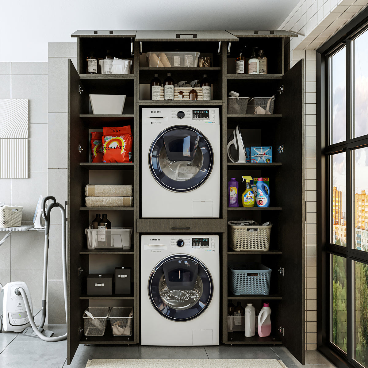 Roomart wasmachinekast 157 cm, voor 2 apparaten met 2 hoge kasten, in 3 kleuren