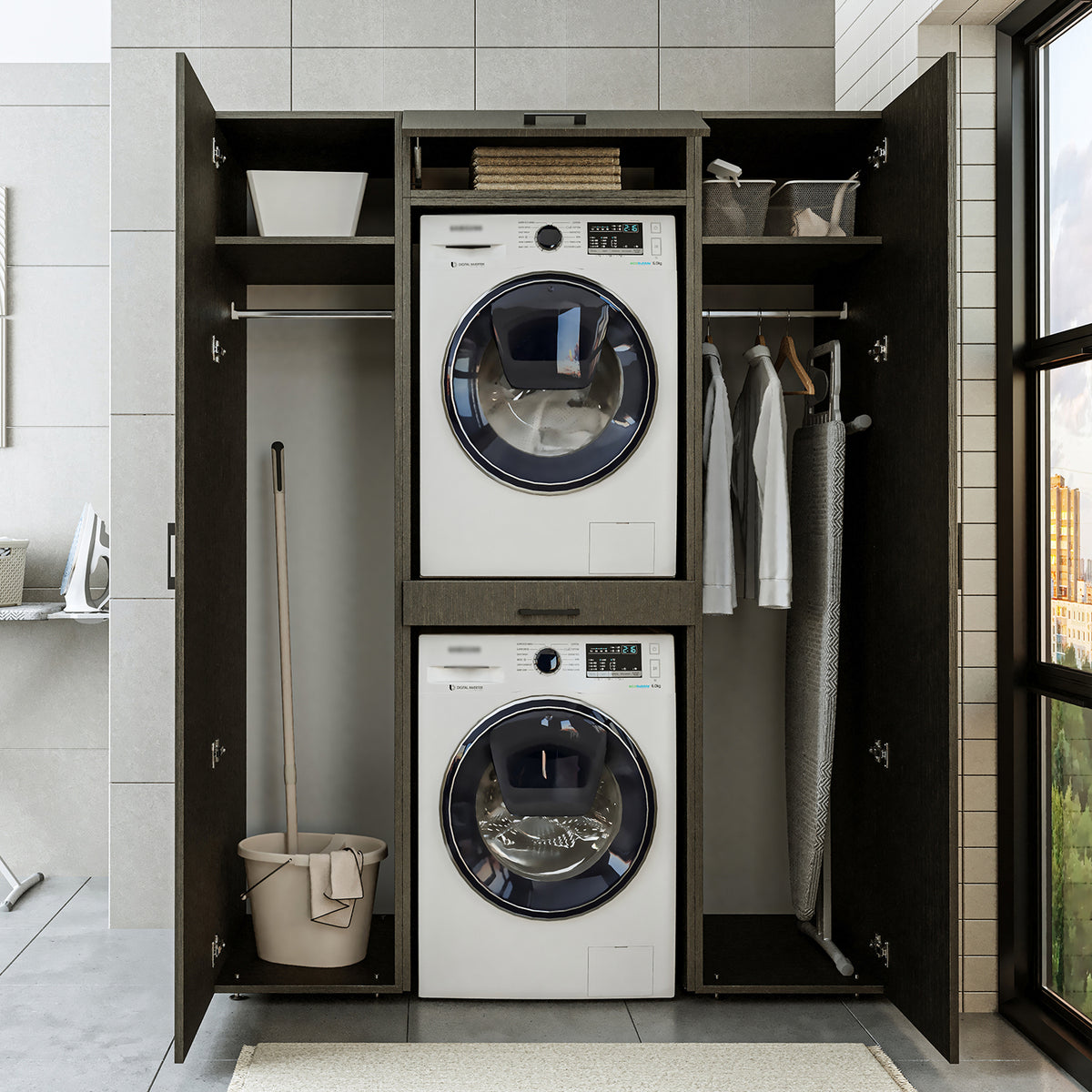 Roomart kastwand DUO-I, 157 cm, wasmachine en droger boven elkaar, in 3 kleuren