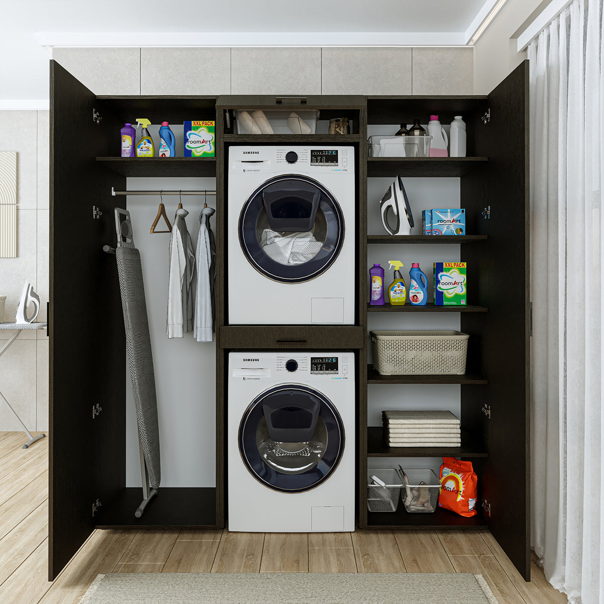 Roomart kastwand DUO-I, 187 cm, wasmachine en droger boven elkaar, in 3 kleuren