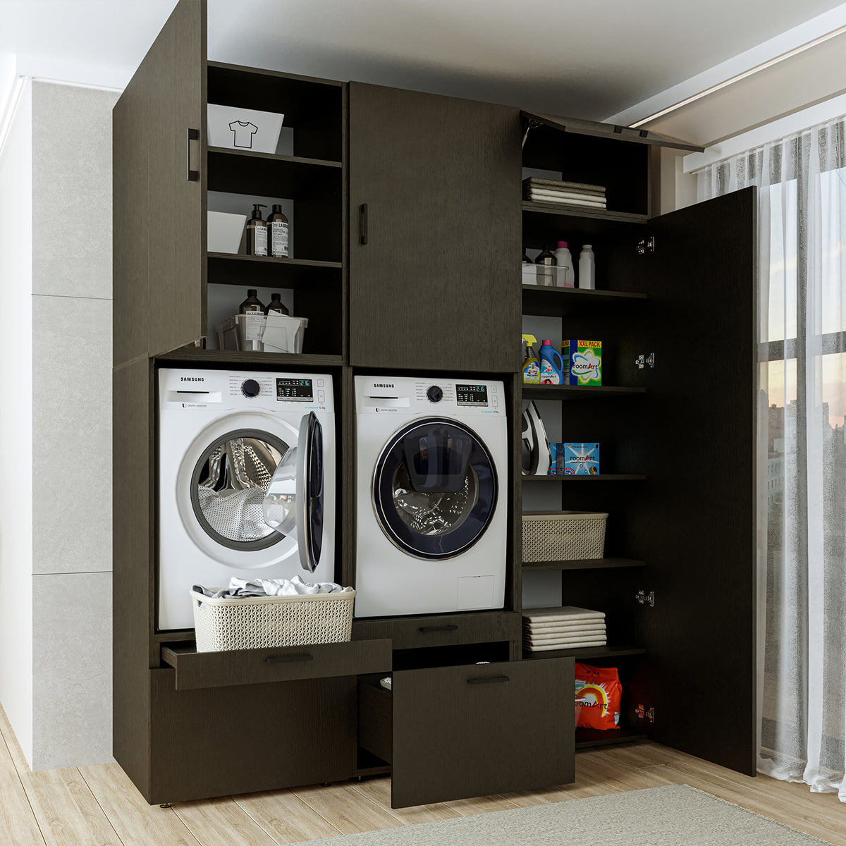 Roomart wasmachinekast SERIE 2, dubbele kast met uittrekplanken en hoge kast, in 3 kleuren