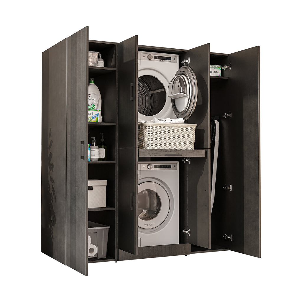 Roomart Waschmaschinenschrank DORA-I 160 cm, Schwarz Eiche, 186 cm hoch, weißer Hintergrund