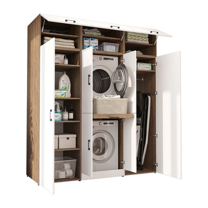 Roomart Waschmaschinenschrank DORA-I 190 cm, Weiß Eiche, 230 cm hoch, weißer Hintergrund