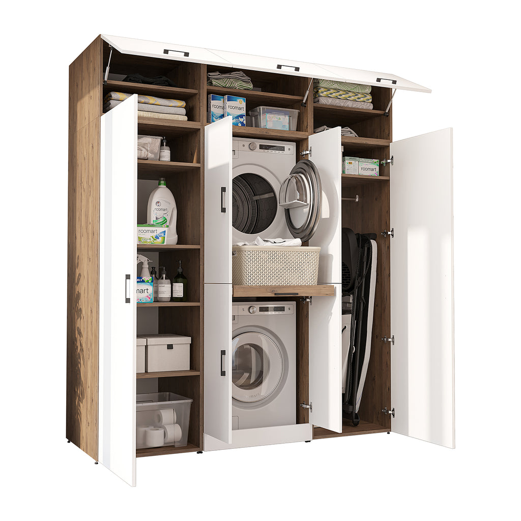 Roomart Waschmaschinenschrank DORA-I 190 cm, Weiß Eiche, 230 cm hoch, weißer Hintergrund