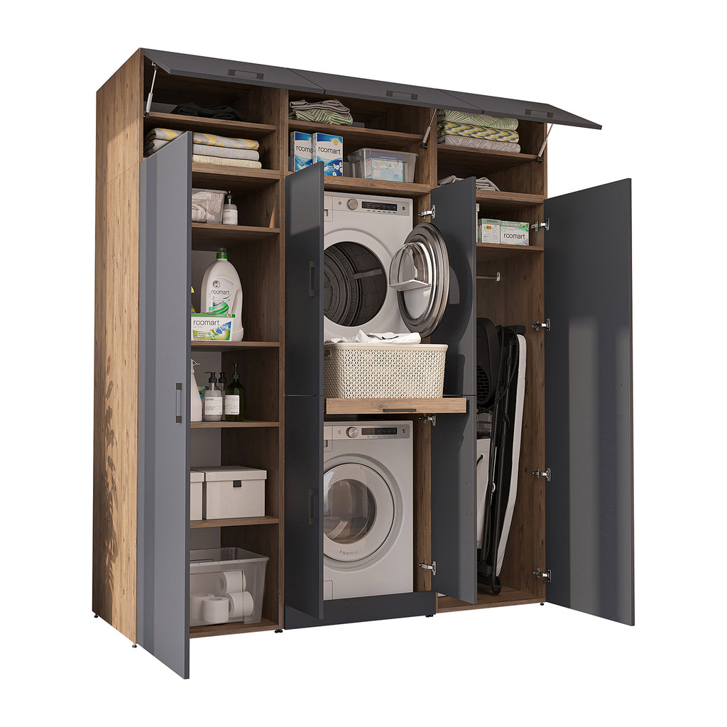 Roomart Waschmaschinenschrank DORA-I 190 cm, Anthrazit Eiche, 230 cm hoch, weißer Hintergrund