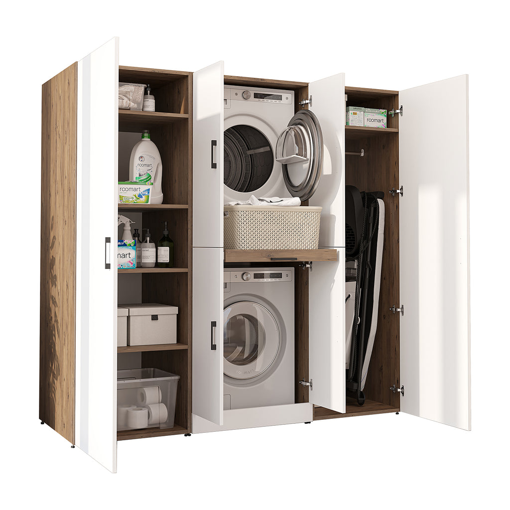 Roomart Waschmaschinenschrank DORA-I 190 cm, Weiß Eiche, 186 cm hoch, weißer Hintergrund