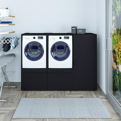Roomart Schrankwand für Hauswirtschaftsraum Mit Schubladen und Ausziehbrett • Weiß • Schwarz eiche-zwischenbaurahmen trockner waschmaschine, antirutschmatte waschmaschine, waschmaschinen unterschrank, verbindungsrahmen waschmaschine trockner universal, un